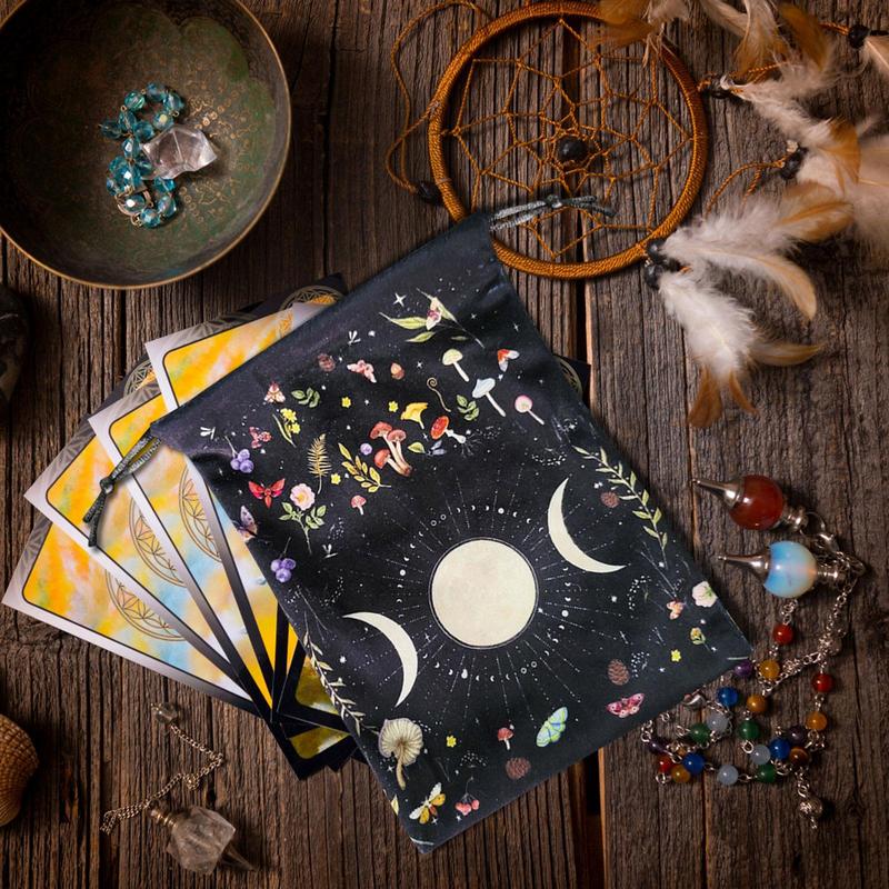 Flannel Tarot Deck Storage Bag Moon Phase Pattern Tarot Pouch With Drawstrings For Tarot Accessories  Dice Runes Gems Pouch