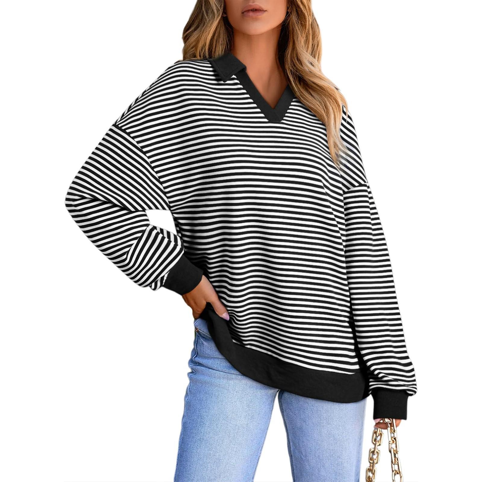 

Женский пуловер, повседневный и модный, с V-образным вырезом, полосатый топ M чёрный