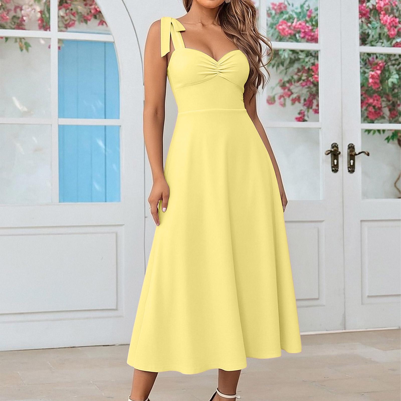 

Stylish Women s Elegant Color Suspender Dress Long Dress XL жовтий