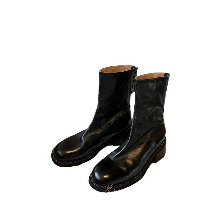 

Washed horse skin grape mother, the same thick-soled Chelsea thin boots, women s British thick heel Martin boots, autumn and winter short boots 34