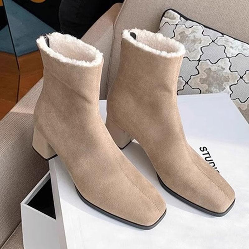 Designer Warm Plush Women Ankle Boots Fashion Square Toe High Heel Shoes Laides Comfort Cottom Shoes