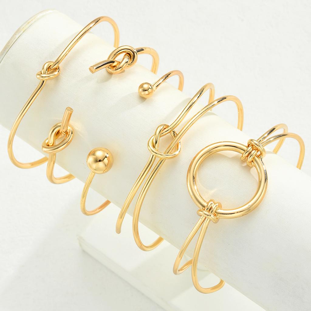 5Pcs Gold Color Knot Circle Cuff Bangle Set For Women Chunky Minimalist Twisted Knot Open Cuff Bracelets Trendy Jewelry Gift New