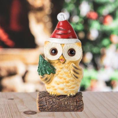 Christmas Owl Sculpture Big Eyes Statue with Light House Decor Craft Figurine for Desktop