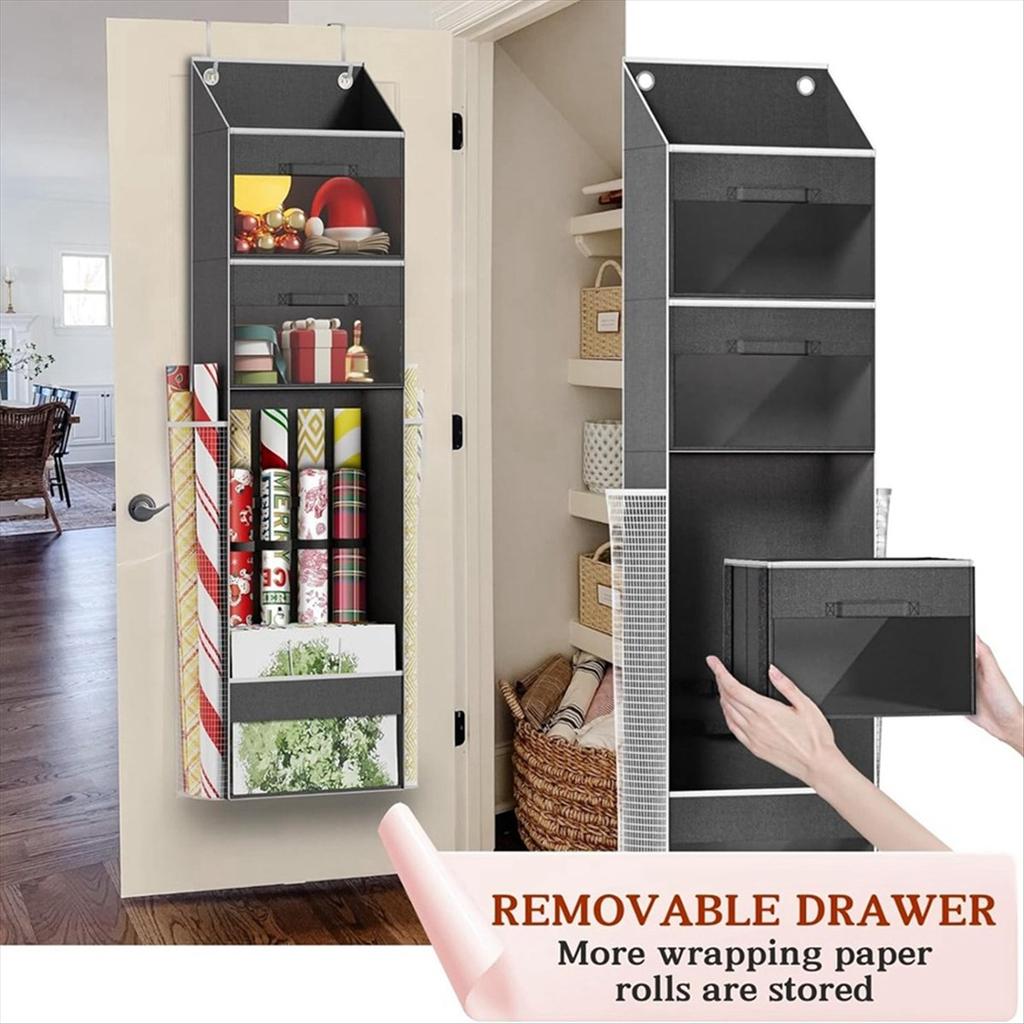 2025+ Over Door Wrapping Paper Organizer Storage with 3 Removable Drawers & Side Pockets - Dual Use Design with Elastic Straps