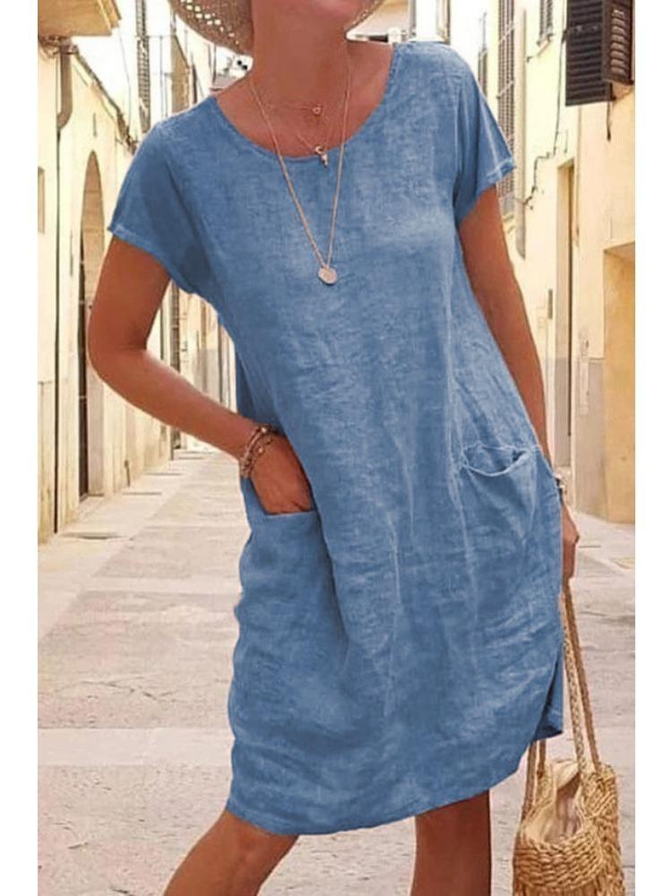 Women Casual Summer Cotton Linen Dress Washed Solid Color Round Neck Short Sleeve Loose Fit Pocket Dress