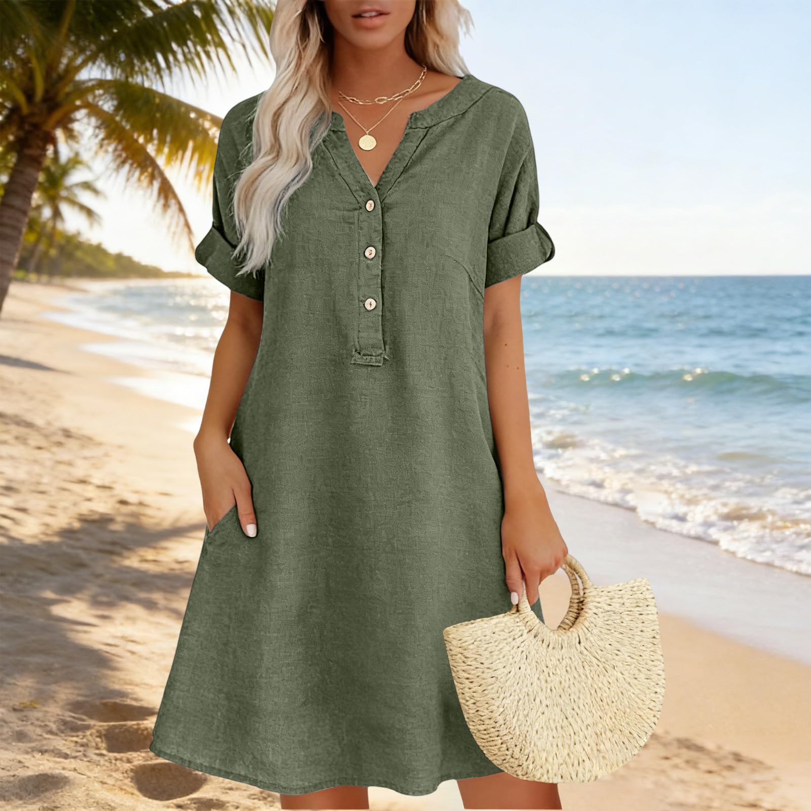 Women’s Fashionable Casual Short-Sleeved V-Neck Button-Front Pocket Plain Cotton-Linen Dress L армия зеленый