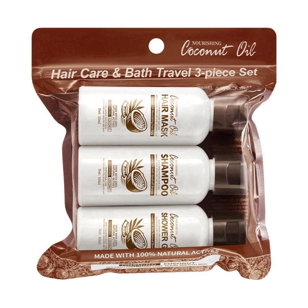 Huile de Coco Soin Cheveux Bain Voyage Ensemble 3 Pièces Shampoing/Masque Capillaire/Gel Douche
