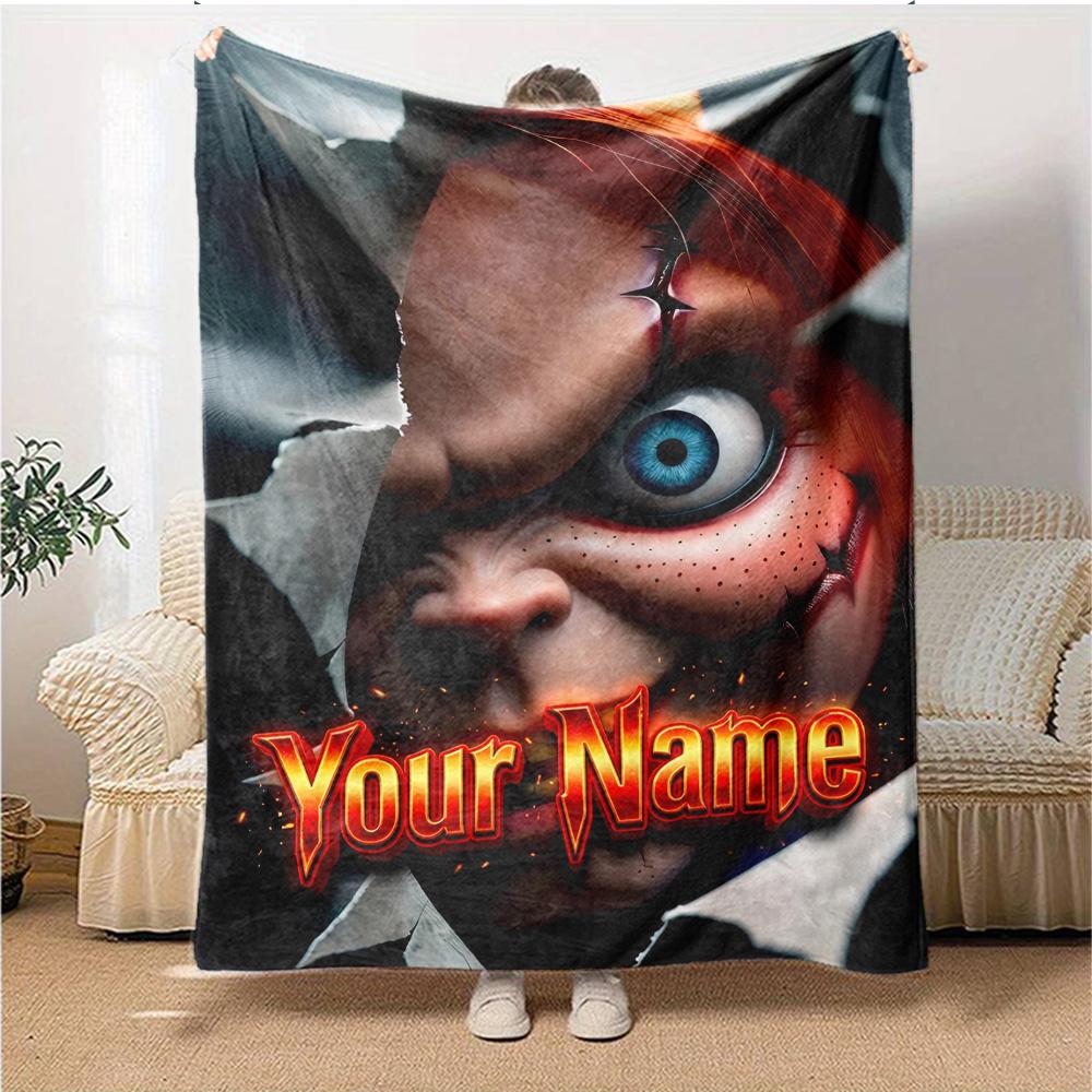 1pc Chucky Blanket with Custom Name, Gift, for Men and Women, Soft Blanket, Good for Sofa Bed Couch Travel, Lightweight Flannel Blanket