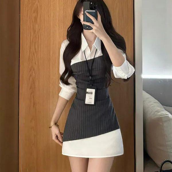 Elegant Waist-Cinching Slim-Fit Petite Splice Dress
