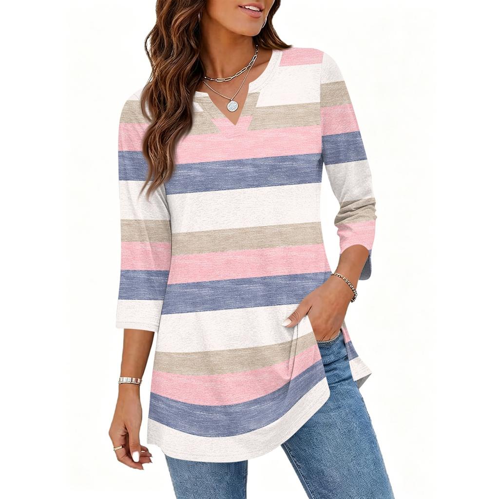 Damen V-Ausschnitt 3/4 Ärmel Pullover Tunika Oberteil mit Streifenmuster Lockerer Schnitt Lässige Mittellange Bluse für den täglichen Gebrauch