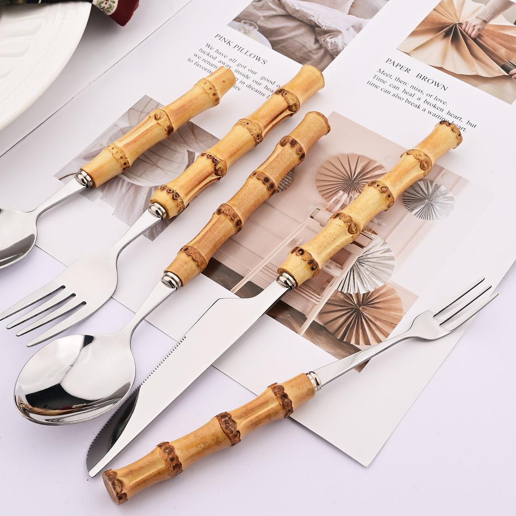 16-Piece Bamboo Handle Silverware Set Stainless Steel Flatware Set Include Spoons Forks Knives and Tea Forks, Cutlery Utensils Serves 4