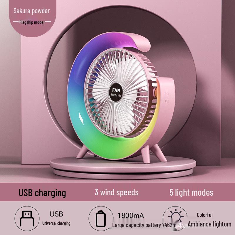 2026 USB Rechargeable Low-Noise Desktop Fan with Ambient Light & Strong Airflow 21.2x5.3x21.6
