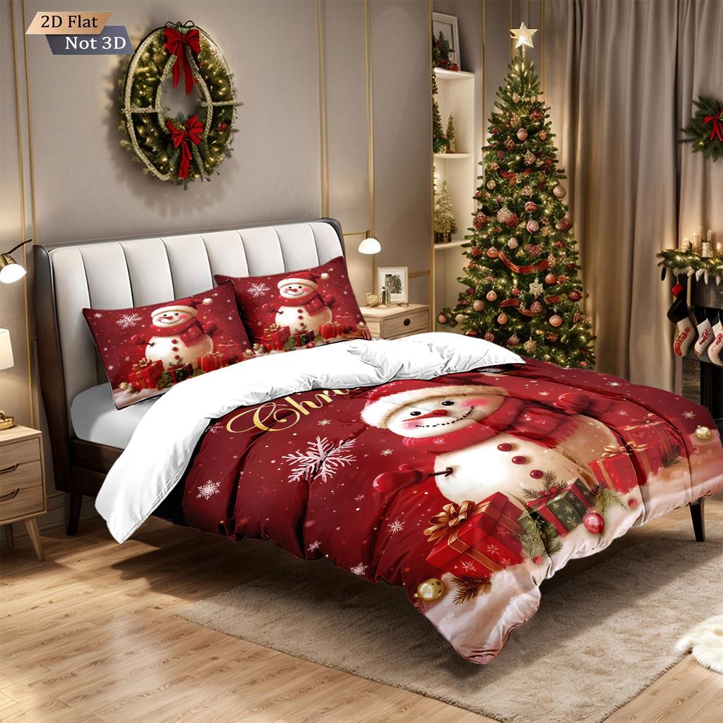 Set husă de plapumă fără umplutură cu imprimeu roșu om de zăpadă de Crăciun 3 piese dimensiuni multiple moale lenjerie de pat pentru dormitor, decorațiune de sărbători, lavabil la mașină