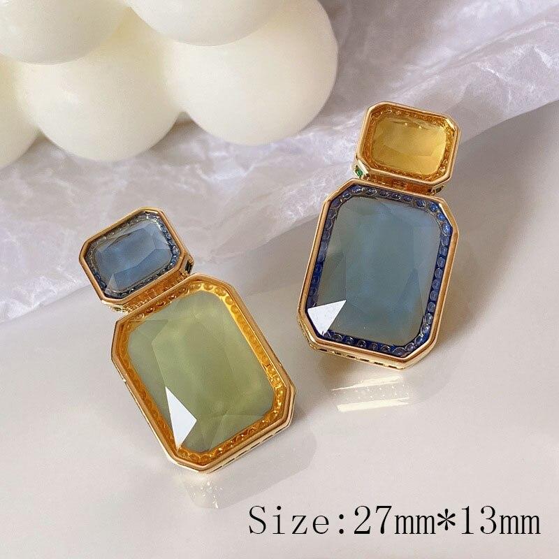 Top New Luxury Square Pendant Drop Style Olive Yellow Blue Crystal Side Inlay Zirconia S925 Silver Earrings For Women Jewelry