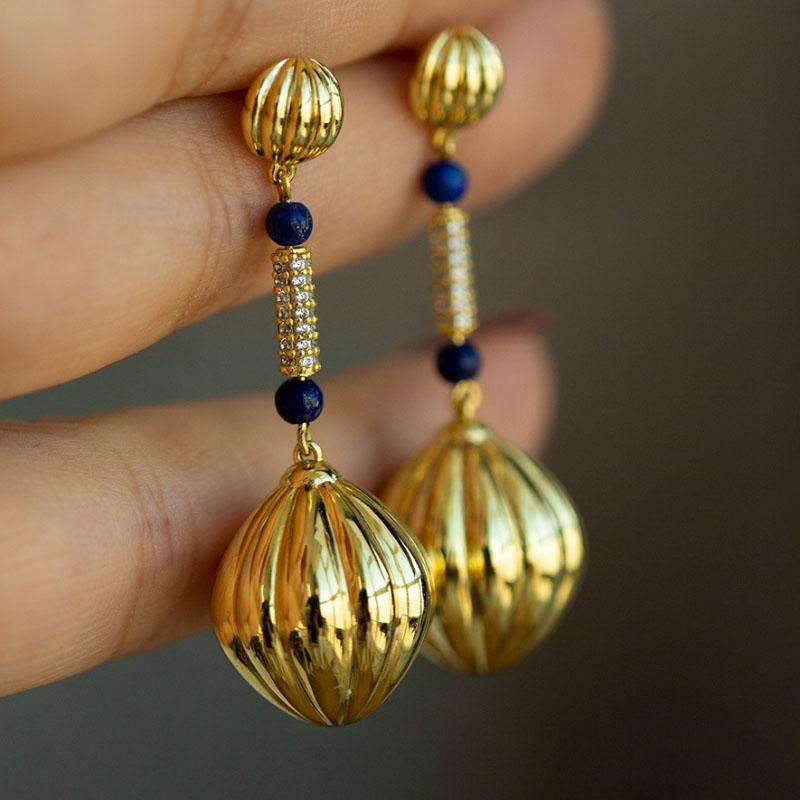 Original Design Retro Lapis Lazuli Earrings For Women Classic Laziness Antique Gold Crafts Glossy Round Beads Earings Jewelry
