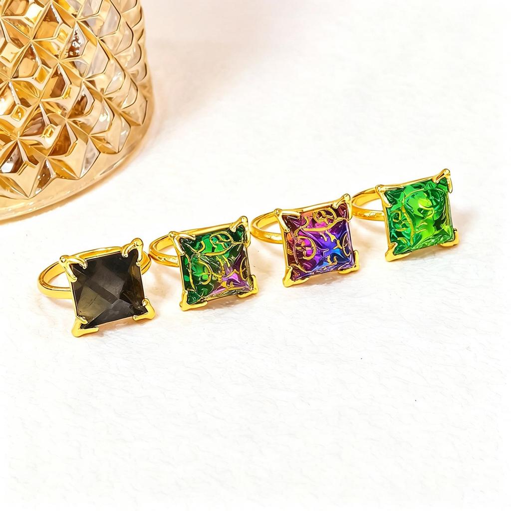 Harry Potter Resurrection Stone Open Ring - Copper Plated, 18K Gold, Color-Changing Lettering, Pyramid-Colored Gem.