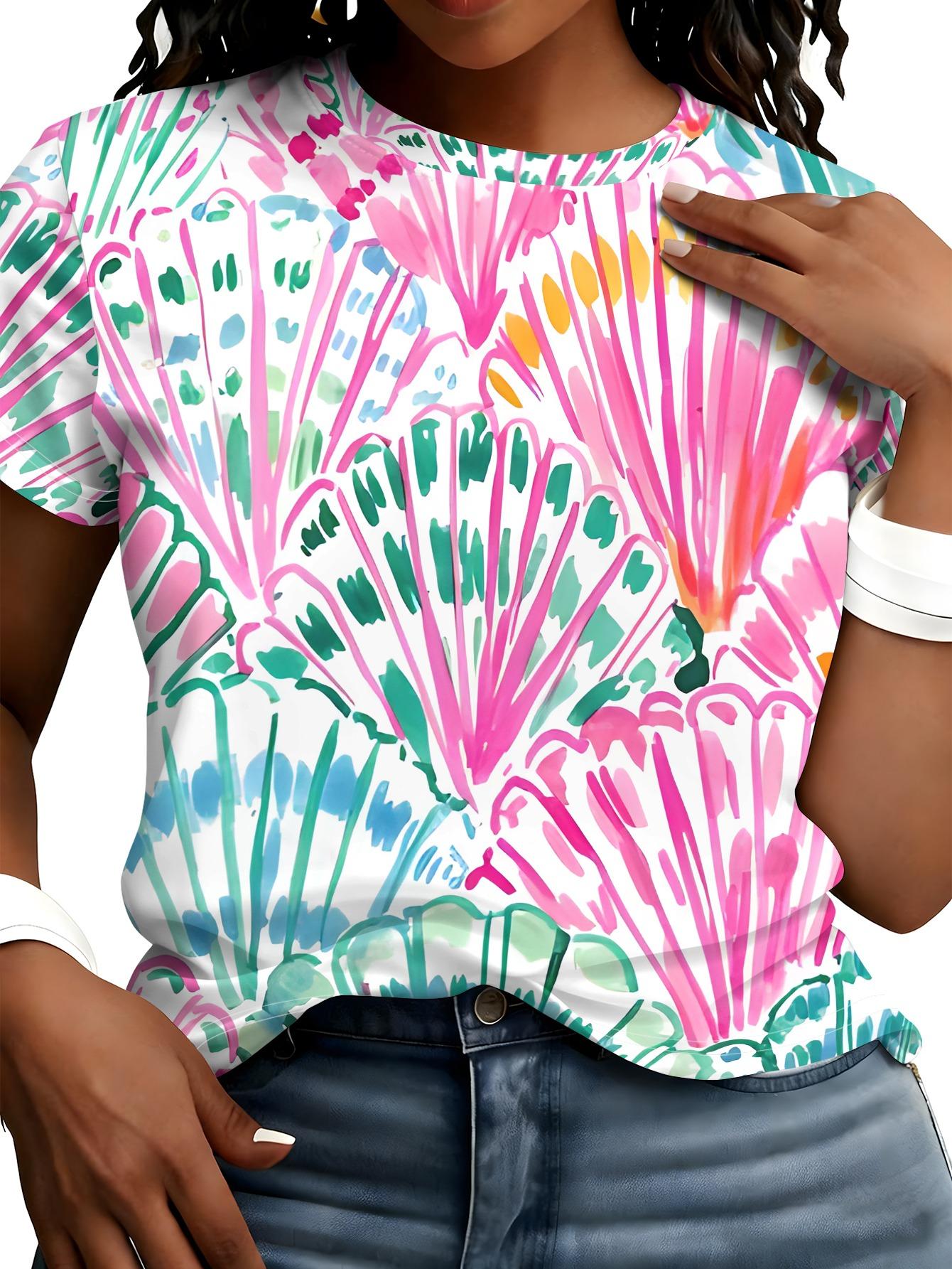 

Pink And Green Watercolor Scallop Shell Print T-Shirt. Fresh Holiday Style. Artistic Hand-Painted Short-Sleeve Top 2XL дубильна кора