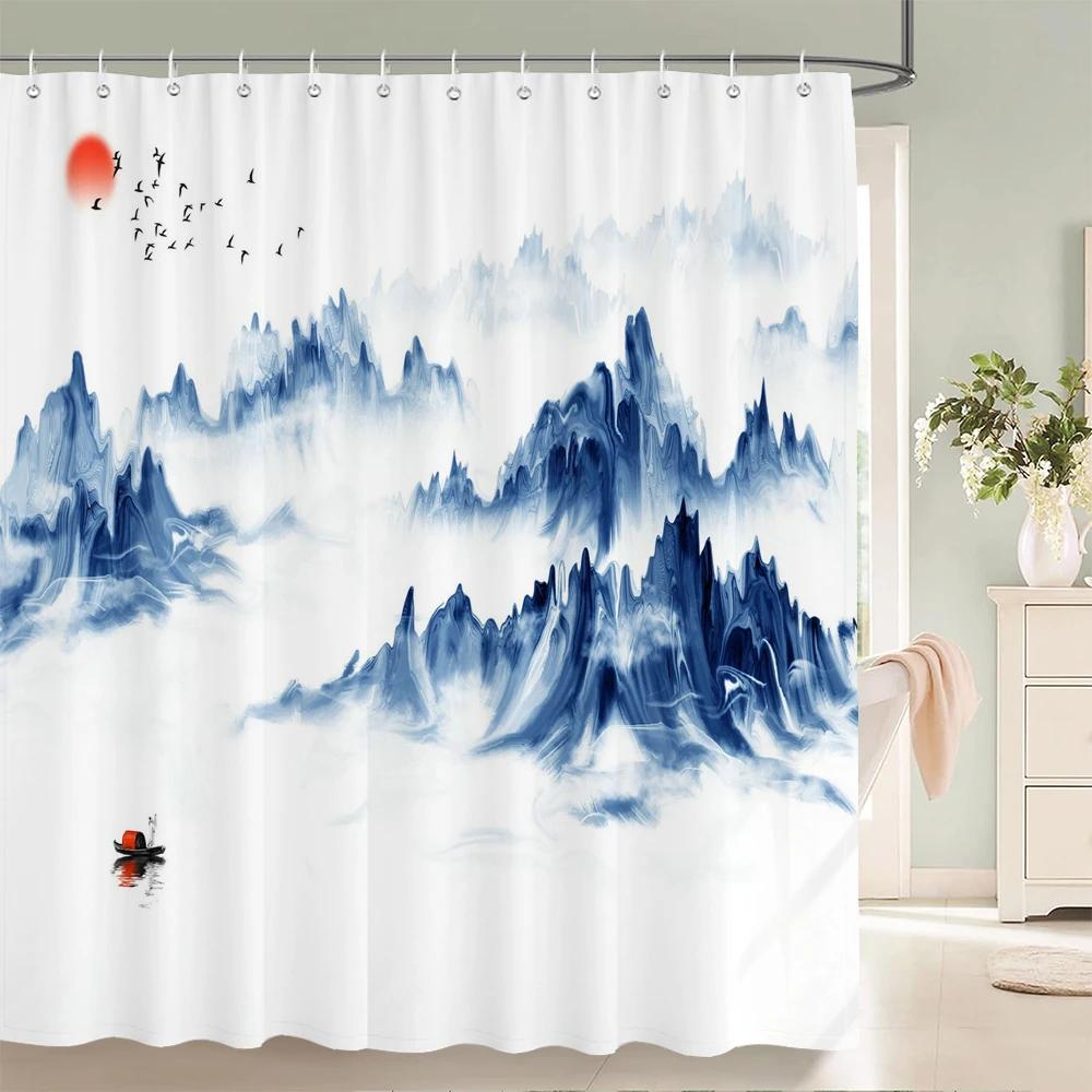 Chinese Ink Painting Landscape Bath Curtain Waterproof Shower Curtains Marble Pattern Bath Screen Printed Curtain for Bathroom