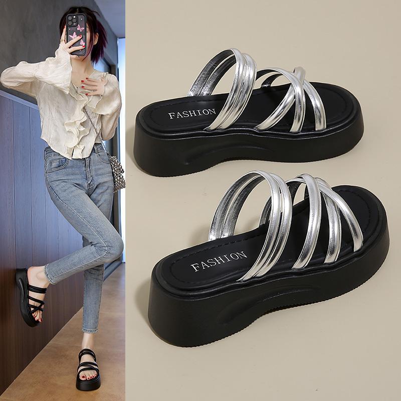 Silver Wedge Sandals Women Platform Shoes Black Belt High Heels Gladiator Chunky Heeled Summer Wedges Zapatos De Mujer