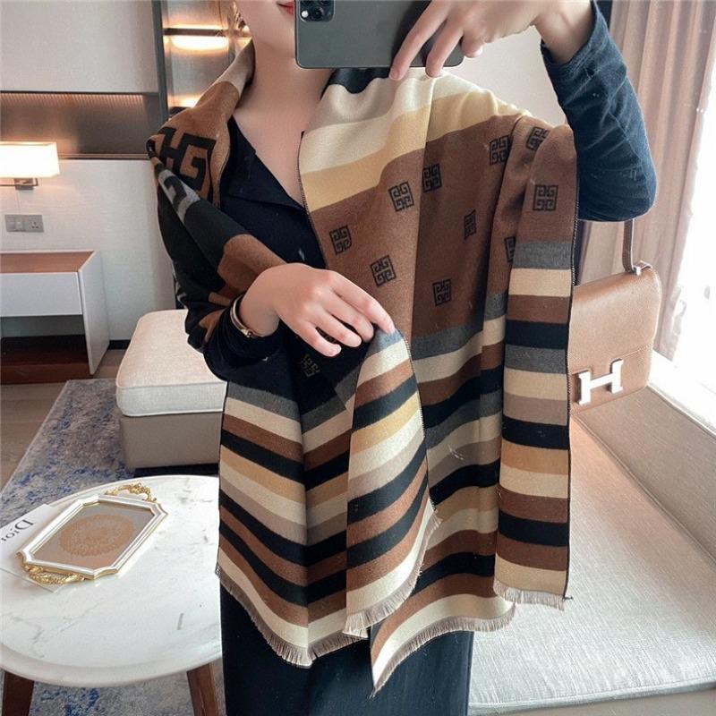

Autumn and winter colored striped imitation cashmere scarf women s student couple versatile thickened warm double-sided scarf 180x65cm