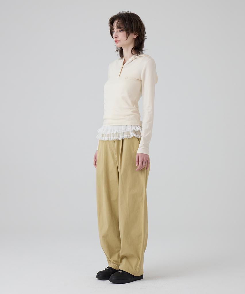 DANGLEDROP Dgdp Balloon Fit Curved Cotton Elastic Waist Pants_Beige