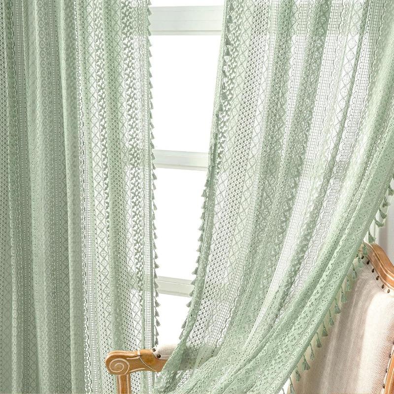 Cremefarbene Vintage-Vorhänge Boho-Vorhänge für Schlafzimmer 1 Stück, Bauernhaus Böhmische Dekoration Häkelspitze Transparent Sichtschutz Lichtdurchlässig mit Quasten Lange Fenstervorhänge Stangentasche