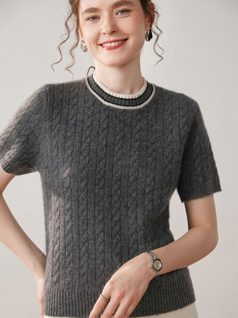 Women's Cashmere Color Block Short Sleeve Round Neck Loose Cable Knit Sweater