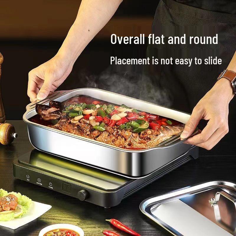 Rectangular Stainless Steel Deep Dish Grilled Fish Pan with Lid for Induction Cooktops - Ideal for Crayfish and Barbecue.