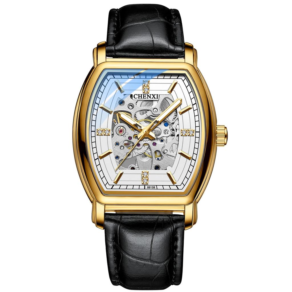 Relógio Mecânico Masculino Novo Tipo Barril Automático Vazado Luminoso À Prova d'Água Aço Inoxidável Dourado Relógios para Homem Relojes Hombreino
