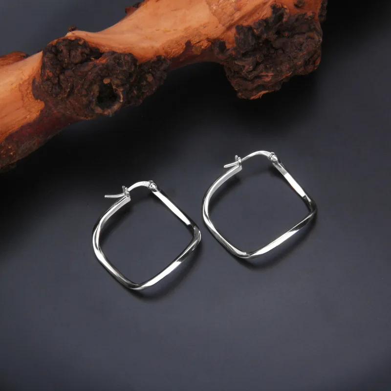 925 Silver Wave-Shape Square Hoop Earrings Womens Circle Minimalist Office-Style Instagram-Inspired Designer 925 silver
