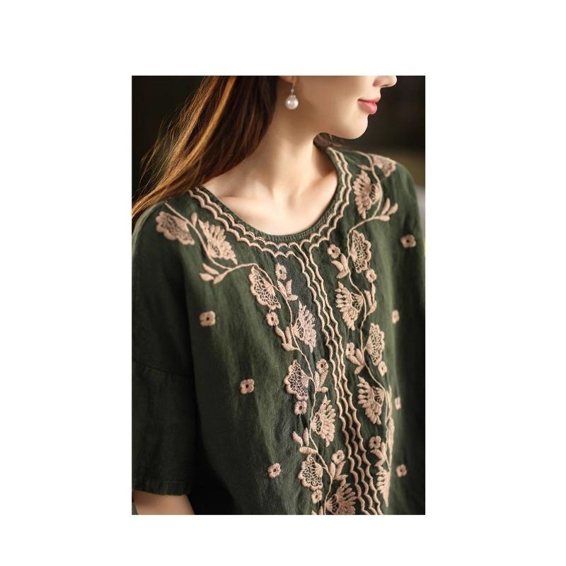Heavy Embroidery Cotton and Linen Literary Loose Retro Temperament Round Neck Short-sleeved T-shirt Embroidered Versatile Summer New Top
