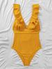 Europeisk och Amerikansk Stil Dammode Volangad Magekontrollerande Bikini Snörning i Ryggen Badkläder Djup Urringning Monokini Baddräkt En Del Rygglös Badklänning