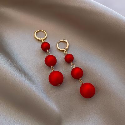 2024 South Korea Red Pearl Festive Temperament Long Tassel Earrings  Imitation PearlPendant Exaggerated Earrings Women's Zircon