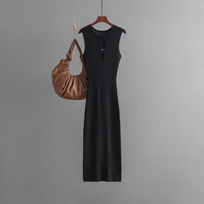 Women's Autumn Vintage Sexy Open Back Knitted Strap High Waist Slim Split Dress