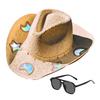 Solvanger Cowgirl Stråhatt Prismatisk Hatt med Bred Brem Vestlig Cowboyhatt med Iridescent Måne Stjerne/Hjerte Håndvevd Sol Strandhatt med Solbriller for Kvinner