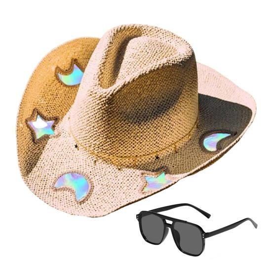 Solvanger Cowgirl Stråhatt Prismatisk Hatt med Bred Brem Vestlig Cowboyhatt med Iridescent Måne Stjerne/Hjerte Håndvevd Sol Strandhatt med Solbriller for Kvinner