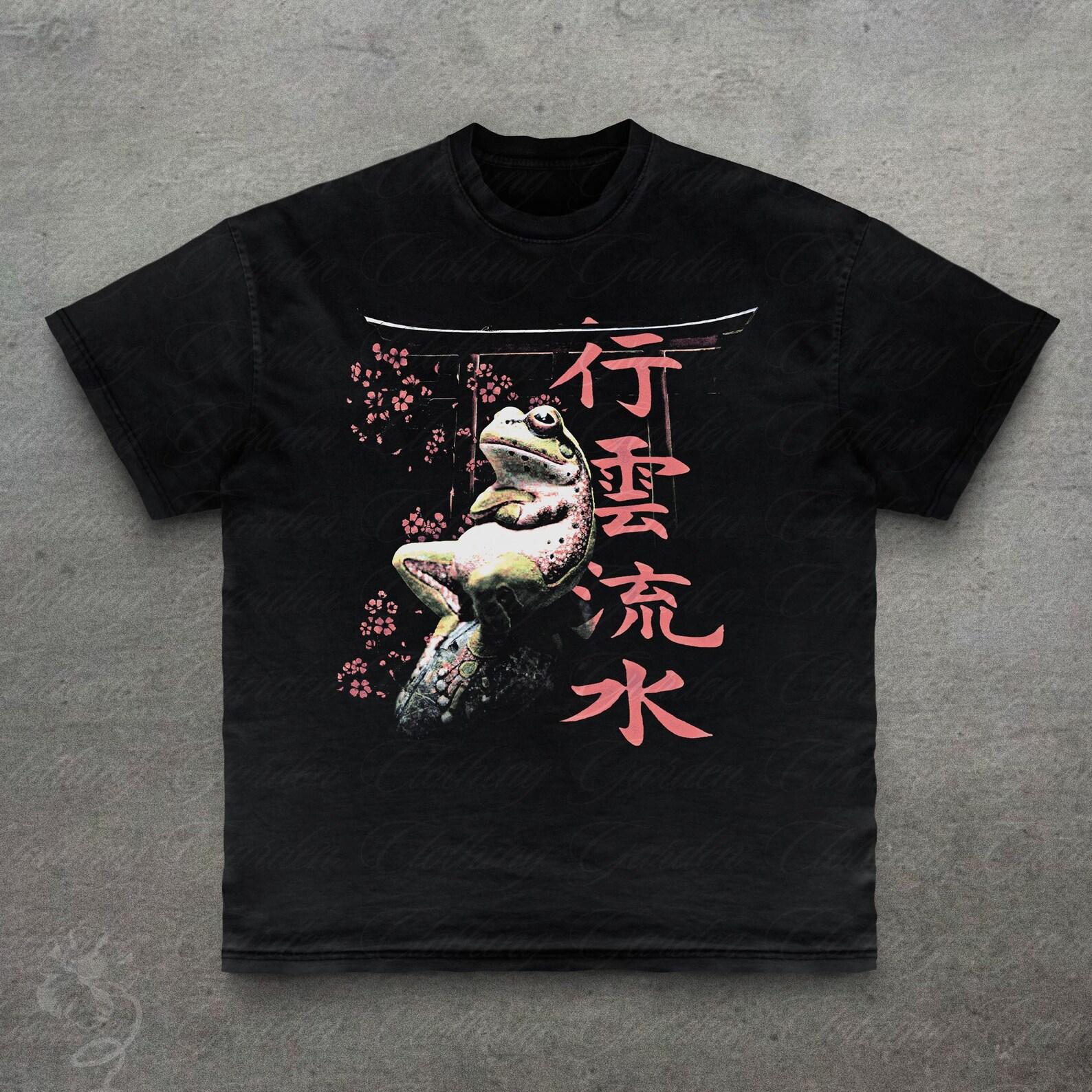 Japanese Frog Anime Graphic Tee, Vintage Style Kanji Cherry Blossom T-Shirt for Men Women, Funny Meme Frog Shirt, Japanese Streetwear Tee M