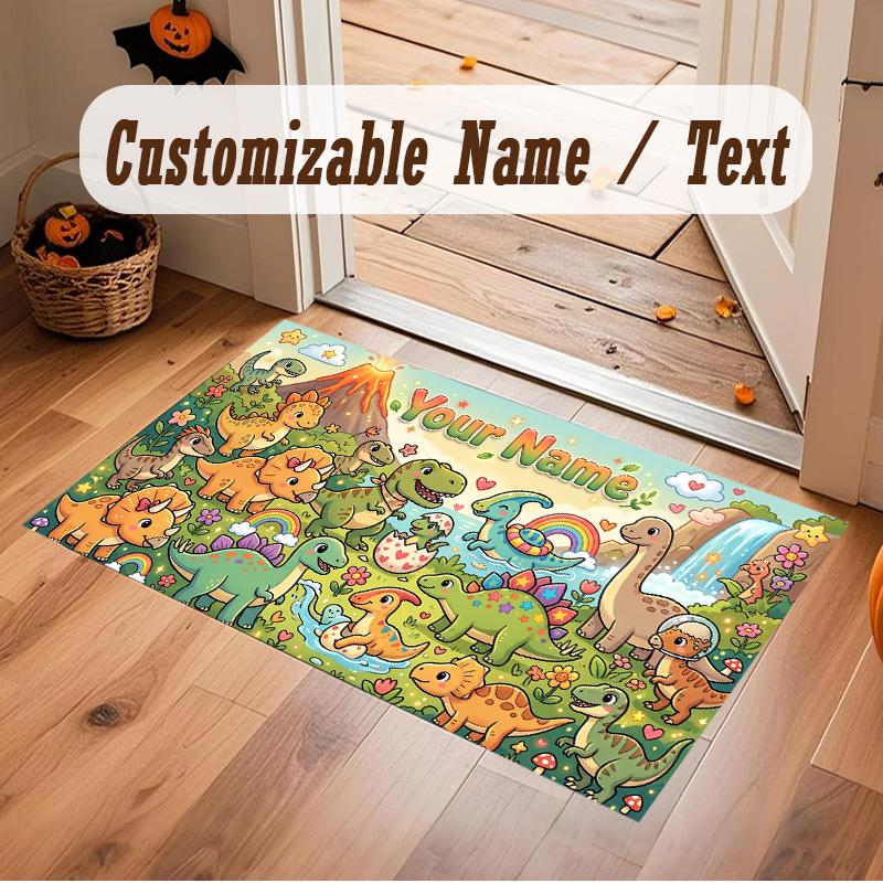 Dinosaur Theme Soft Crystal Velvet Rug Custom Name & Text Print Non Slip Floor Rug for Bedroom Living Room