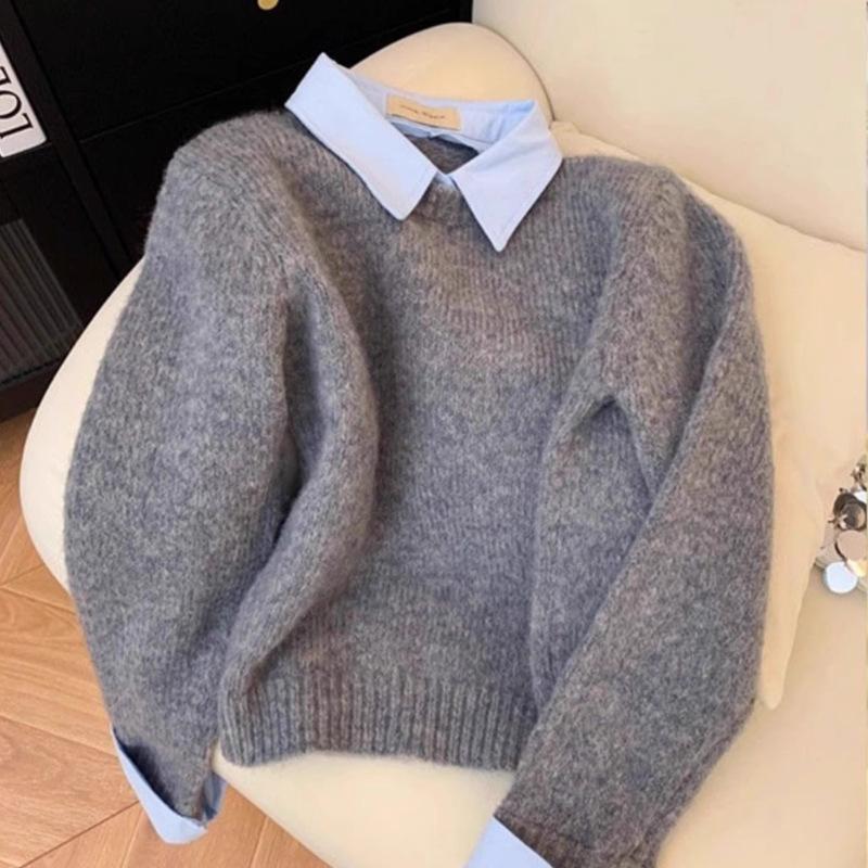 Fake Two Shirts Collar Sweater Women s Spring Autumn Outfit Lazy Linterior Contrasting Color Gray Knit Sweater Top with Flip Collar One size 2290₽