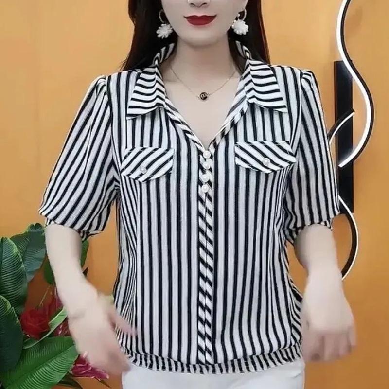 

Summer Fashion POLO Collar Short Sleeve Striped Thin Style Shirt Women Loose Casual Button Thin Style All-match Pullovers 3XL