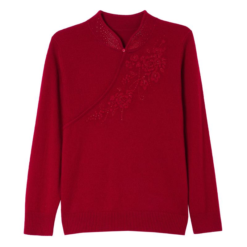 100% Pure Wool Embroidered Qipao Collar Sweater - Red, Age-Defying Knit Base Layer for Women