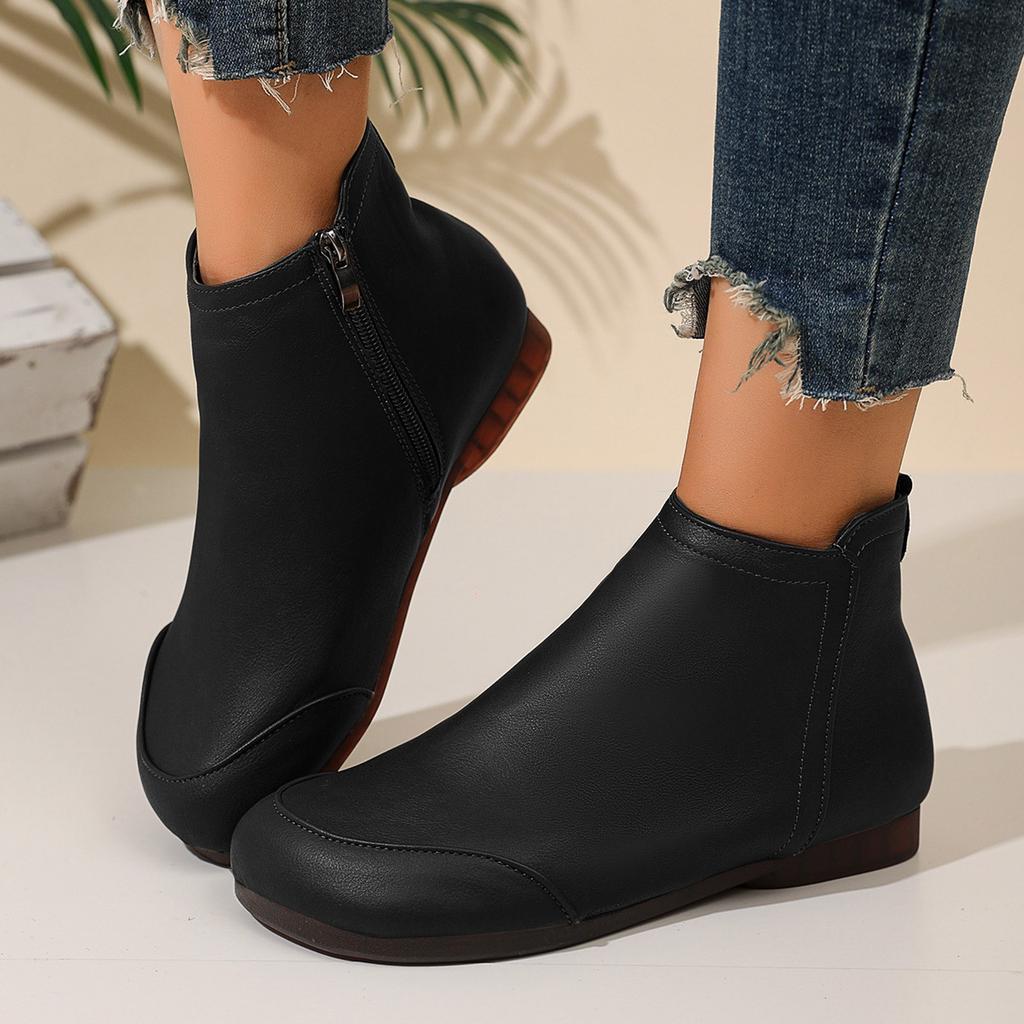 Women's Flat Soled Side Zip Ankle Boots Leather Stylish Retro Round Toe Soft Leather Ankle Boots. Womens Boots Leather Lace up