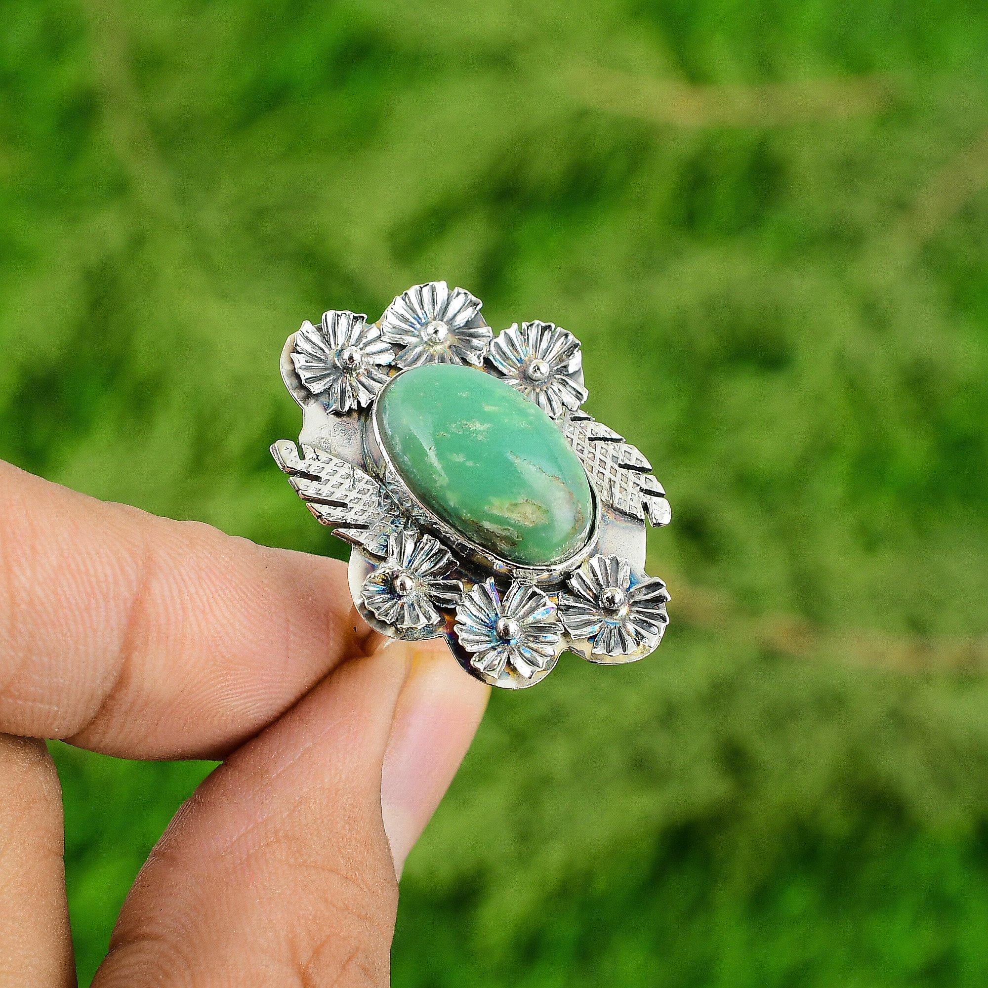 

Подарок для нее Серебряное кольцо 925 пробы с натуральным хризопразом, цветок-солитер, регулируемое Adjustable