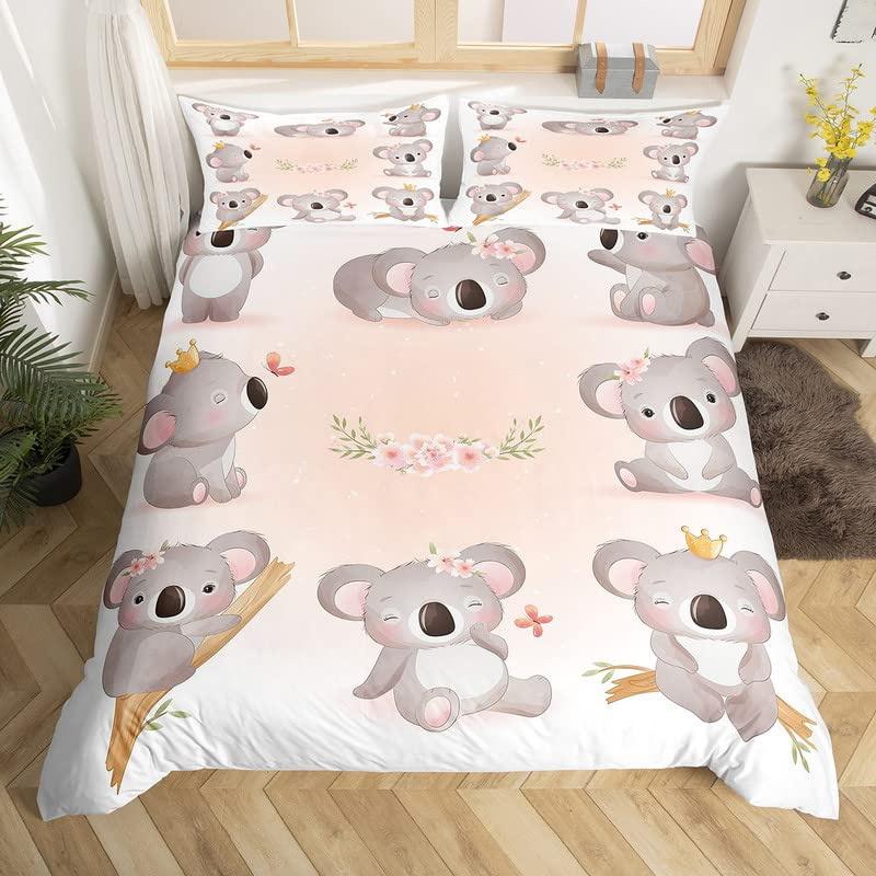 3D Koala Duvet Cover Set Microfiber Cartoon Leaves Baby Bear Australian Wildlife Themed  Bedding Set Queen Size Comforter Cover