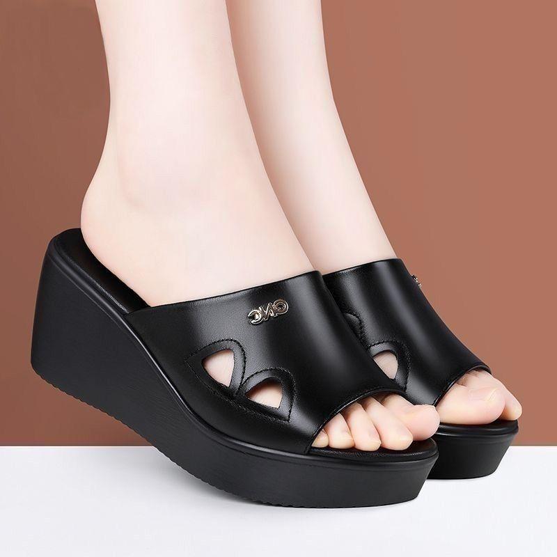 Sommar Koreanska Plattform Kile Sandaler Dam - Öppen Tå Utskuren Slingback Tofflor med Ankelsnöre, Andningsbara Utomhus Mode Casual Sandaler för Mammor