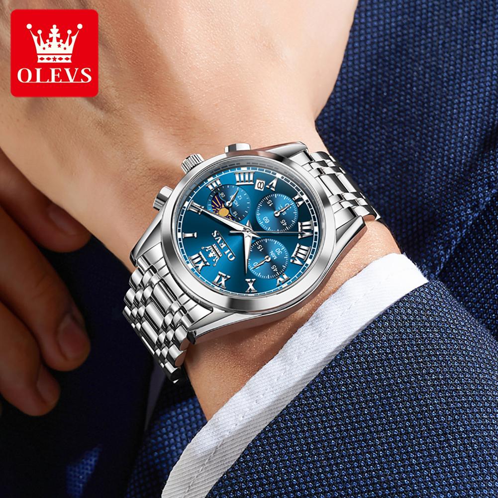 OLEVS Herrenuhr Original Mode Luxusmarke Wasserdicht Leuchtend Quarz Uhr Mondphase Automatisches Datum Uhren für Männer Chronograph