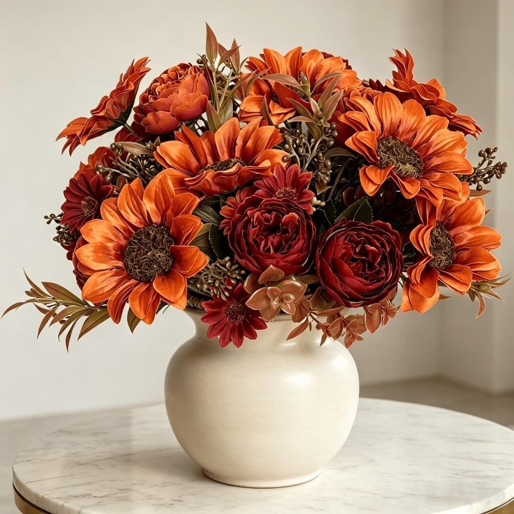 Rustic Fall Autumn Sunflower Peony Bouquet UV Resistant Silk Fake Peony Flowers Living Room Decor