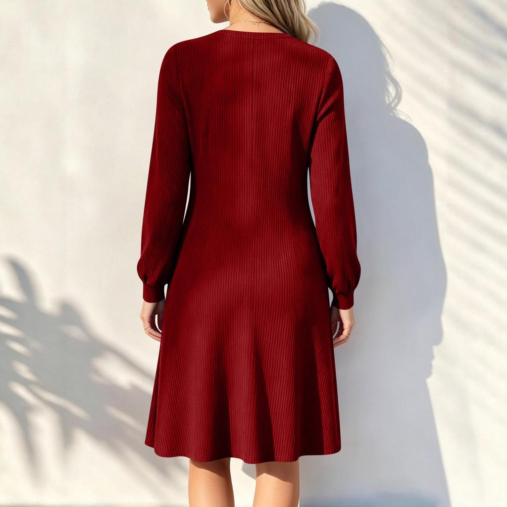 Women's Color V-Neck Long Sleeve Button Front Dress with Pockets Casual Elegant Wear