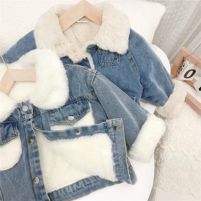 Children's Autumn and Winter Padded Thickened Denim Jacket In Small Children Solid Color Lapel Cute Outerwear