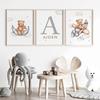Custom Kids Name Canvas Paintings Cute Teddy Bear and Rabbit Nursery Wall Art Posters Prints Mural Pictures Baby and Kids Room